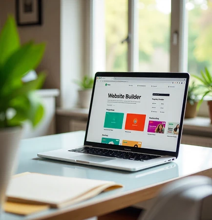 Laptop geöffnet auf Tisch, Display zeigt Website Builder, daneben Notizbuch, grüne Pflanzen und Fenster im Hintergrund.