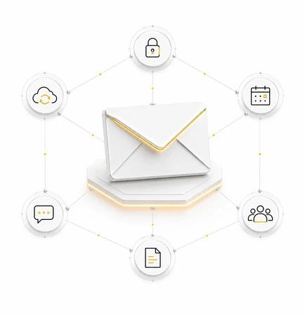 Zentrales weißes Briefkuvert auf Plattform, umlaufende Kreissymbole vernetzt: Cloud, Schloss, Kalender, Gruppe, Dokument, Chat.