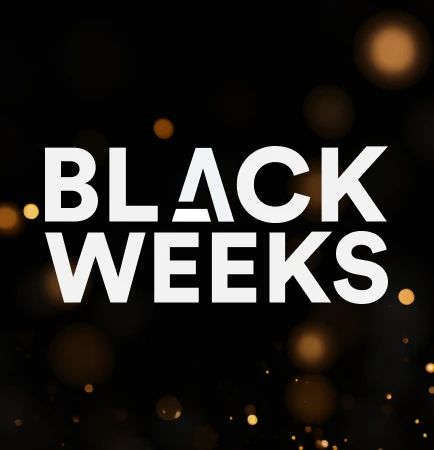 Schwarzer Hintergrund mit goldenen Lichtflecken und dem weißen Großbuchstaben-Text BLACK WEEKS.