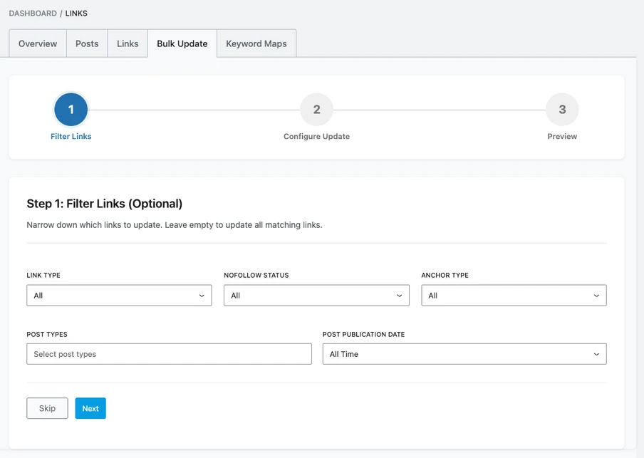 UI-Screenshot: Dashboard/Links, Tabs, Fortschrittsleiste, Schritt 1 Filter Links, Formularfelder, Skip/Next.