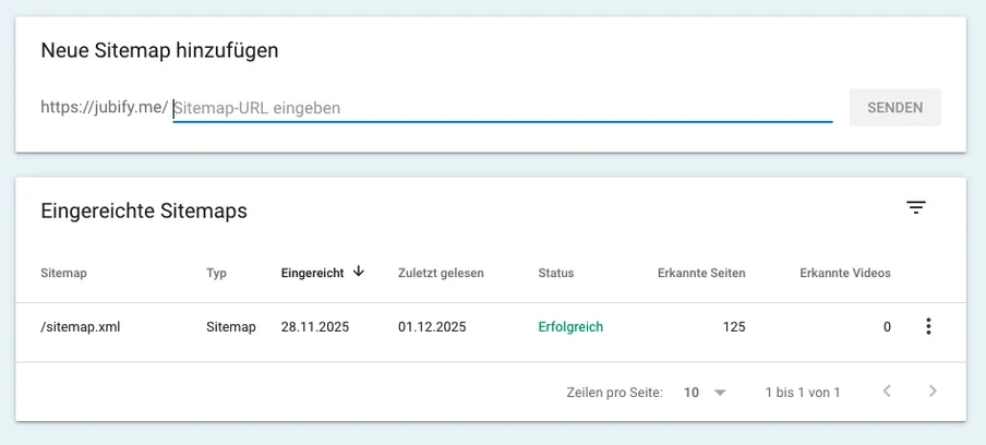 Web-App mit Formular 'Neue Sitemap hinzufügen' und Tabelle 'Eingereichte Sitemaps' mit /sitemap.xml, Status Erfolgreich, 125 Seiten, 0 Videos.