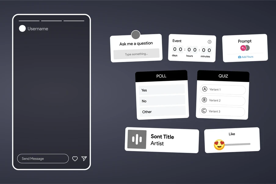 Schwarzer Hintergrund, links Smartphone-UI; rechts mehrere weiße Karten mit Frage, Umfrage und Like.