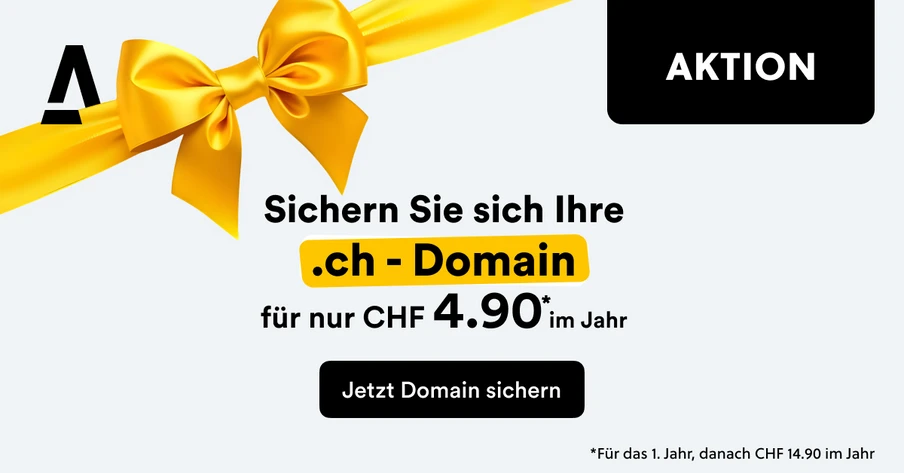 Werbebanner mit gelber Schleife links, AKTION-Label rechts; Sichern Sie Ihre .ch - Domain; Button: Jetzt Domain sichern.