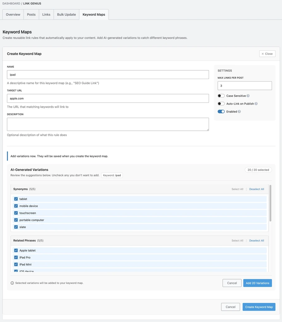 Dashboard-Screenshot: Dialog 'Create Keyword Map' mit NAME, TARGET URL (apple.com) und DESCRIPTION; rechts Einstellungen.