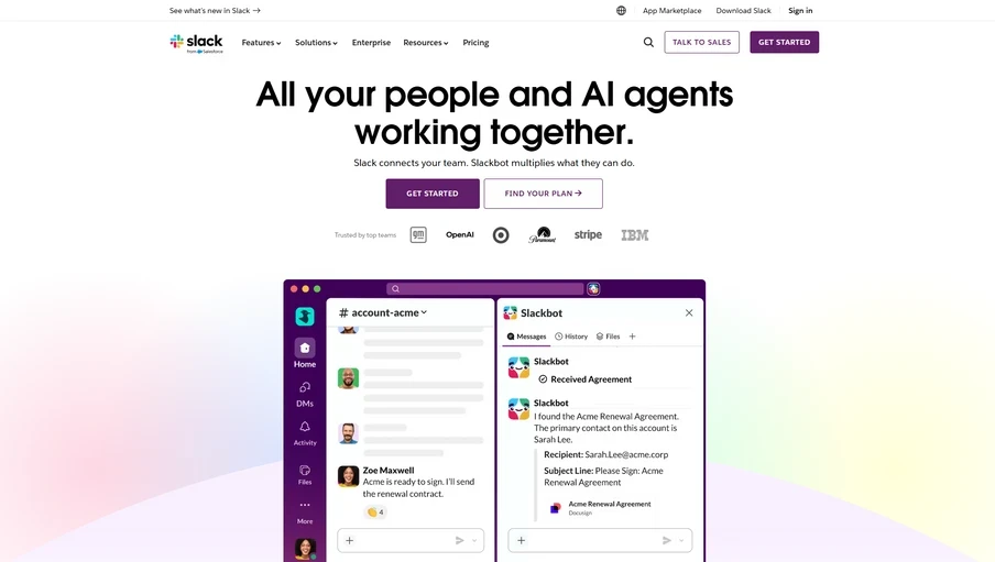 Screenshot von Slack mit der Überschrift All your people and AI agents working together; zwei geöffnete Chat-Fenster.