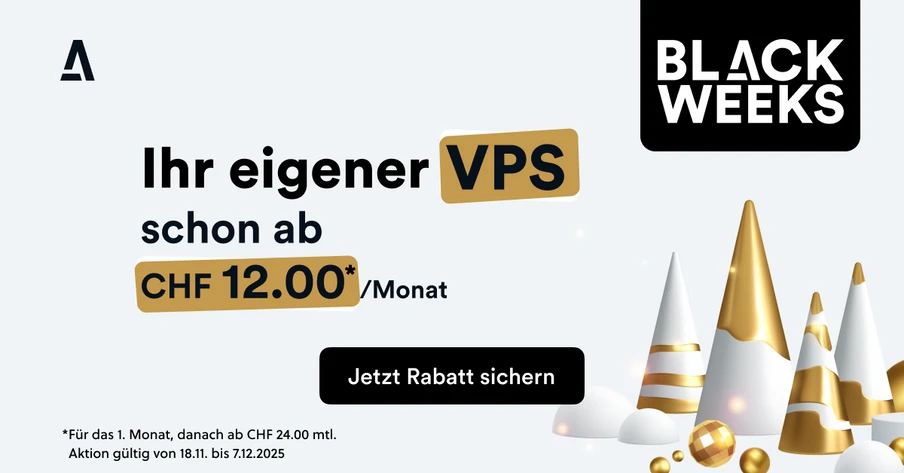 Hellblaues Banner mit Black Weeks-Logo rechts, Text: VPS ab CHF 12.00/Monat, Button: Jetzt Rabatt sichern, rechts Partyhüte.