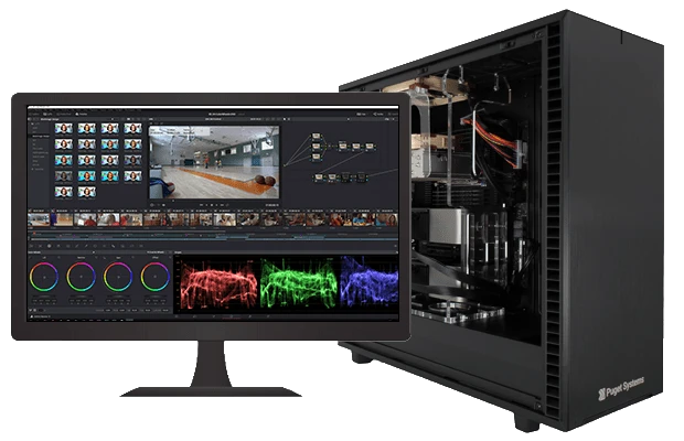 PC-Gehäuse rechts neben einem Monitor; Monitor zeigt Videobearbeitung mit Vorschauen, Timeline und Farbkreisen.