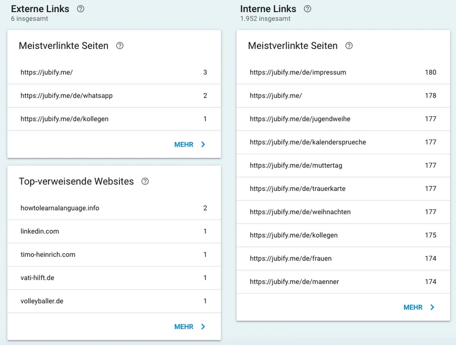 Screenshot eines Dashboards mit zwei Spalten: Externe Links (6) und Interne Links (1952); Listen mit URLs und Werten.