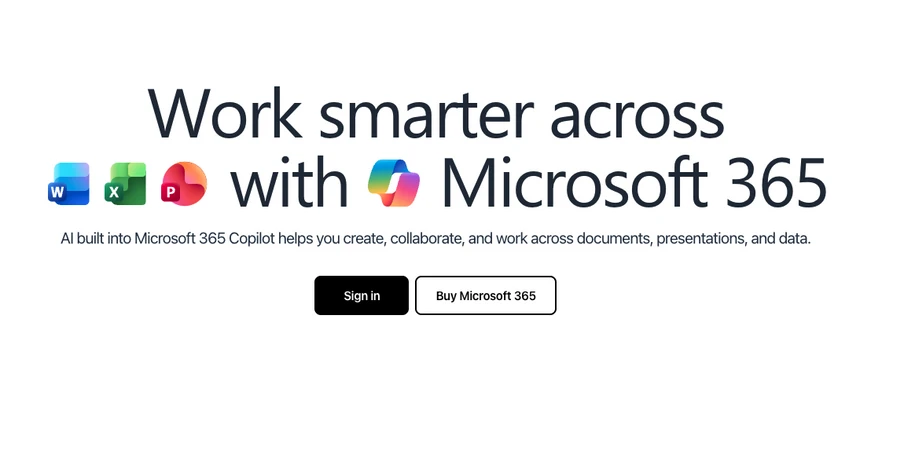 Weiße Seite mit Titel 'Work smarter across with Microsoft 365', Word/Excel/PowerPoint-Icons, Sign in und Buy Microsoft 365