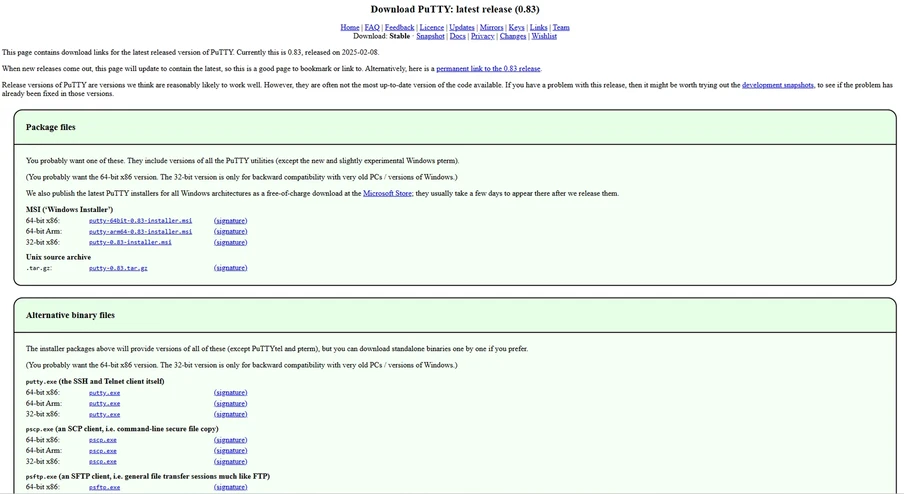 Screenshot einer Download-Seite mit grünen Abschnitten 'Package files' und 'Alternative binary files'; viele blaue Links.