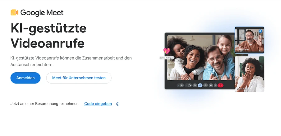 Google Meet-Seite: Logo oben links, Überschrift 'KI-gestützte Videoanrufe'; rechts ein Gruppen-Videofeed.