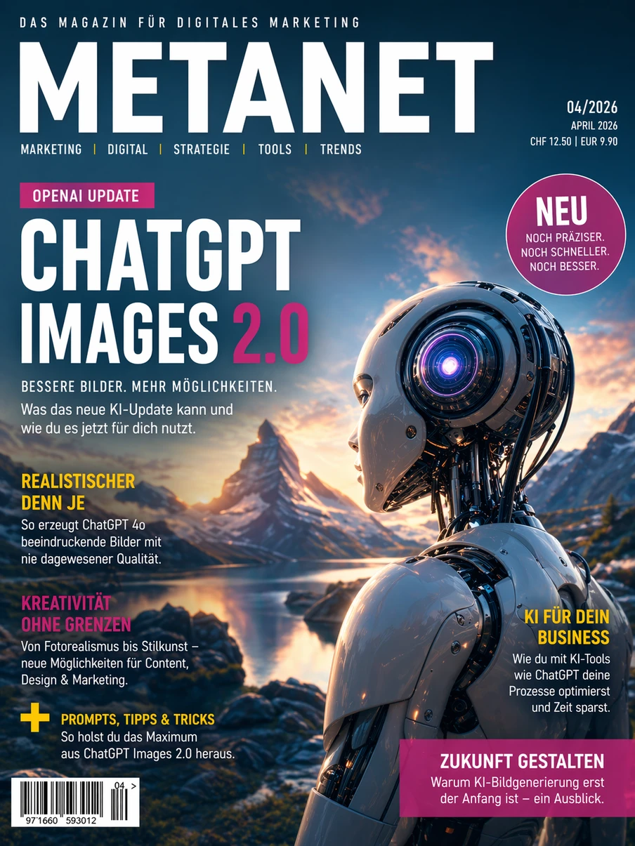 Cover des Magazins METANET; rechts ein silberner Roboterkopf vor blauem Himmel, links weiße Überschriften.