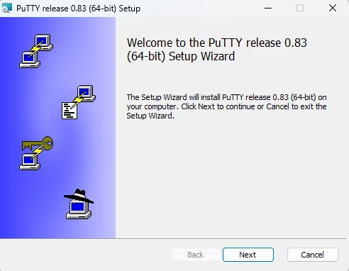PuTTY 0.83 (64-Bit) Setup-Wizard; rechte Seite mit Titel/Text, linke blaue Leiste mit Symbolen, unten Back/Next/Cancel.