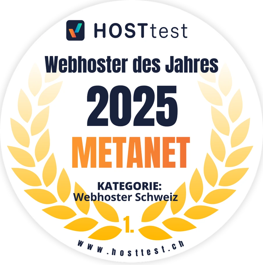Runder Aufnäher mit schwarzem Rand, weißem Hintergrund; HOSTtest Webhoster des Jahres 2025 METANET, Lorbeerkränze.