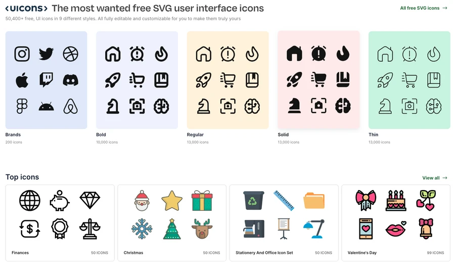 Webseite mit SVG-Icons: fünf farbige Kacheln oben; darunter Top icons mit Finances, Christmas, Stationery and Office.