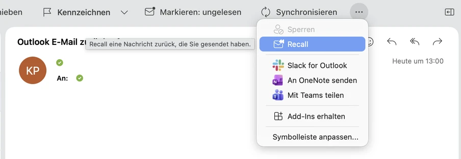 Outlook-Web-Oberfläche: E-Mail-Fenster mit orangefarbenem KP-Avatar, Empfängerfeld, geöffnetem Menü mit Recall.