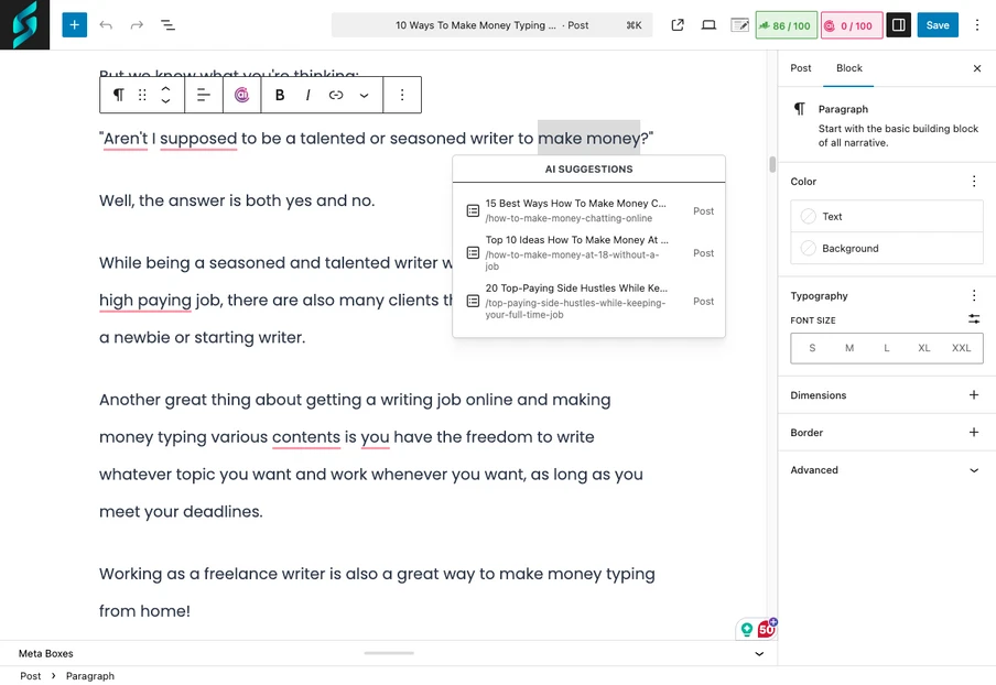 Screenshot eines Editor-Fensters mit mehreren Textabschnitten; rechte Seitenleiste mit Block-Einstellungen.