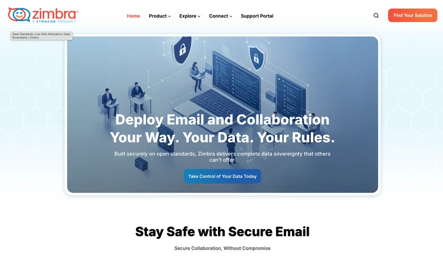 Screenshot einer Zimbra-Webseite mit blauem Banner, Personen am Computer.