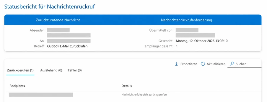 Statusseite für Nachrichtenrückruf: blauer Kopfbereich, Absender, Betreff, Gesendet, Empfänger, Export/Aktualisieren/Suchen.