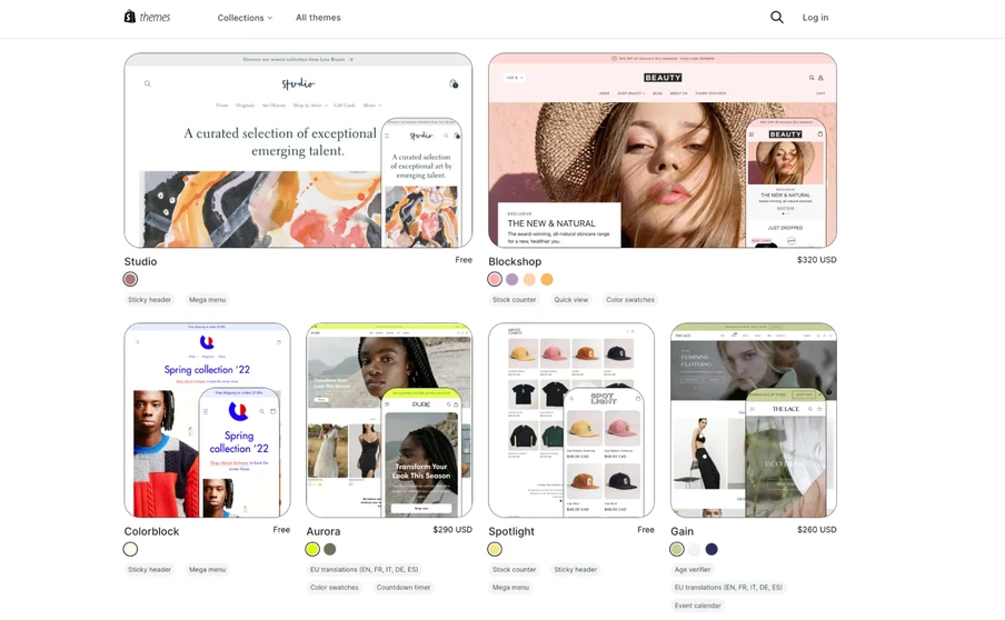 Galerie von Website-Themes in Karten; verschiedene helle Pastellfarbene Layouts mit Bildern und Text.