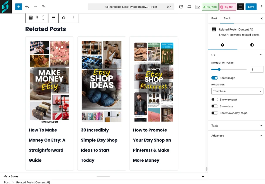Screenshot eines Redaktionsbereichs mit dem Abschnitt 'Related Posts': Vier Karten mit Bildvorschau und Überschriften.