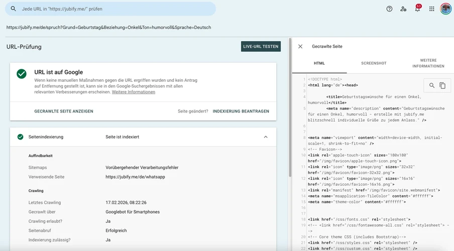 Bildschirm-Screenshot: Browser zeigt 'URL ist auf Google' mit grünem Haken; rechts HTML-Quellcode sichtbar.