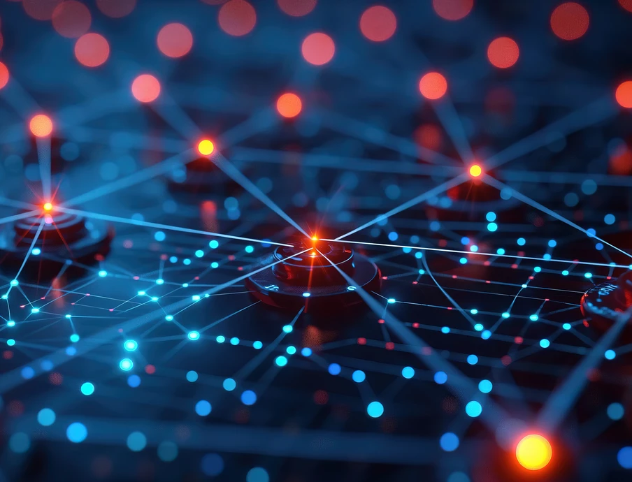 Dunkler Hintergrund mit vielen blauen Leuchtpunkten, verbunden durch blaue Linien; rote Leuchtknoten.