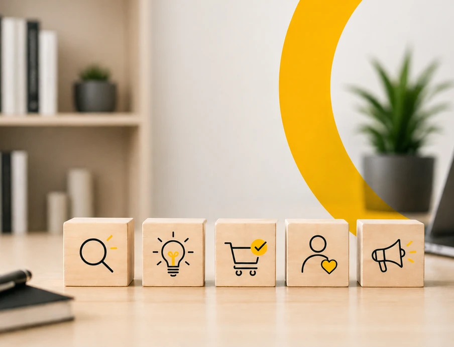 Fünf Bausteine mit Symbolen (Lupe, Glühbirne, Einkaufswagen, Profil, Megafon) auf Holztisch; gelber Bogen, Pflanze, Laptop