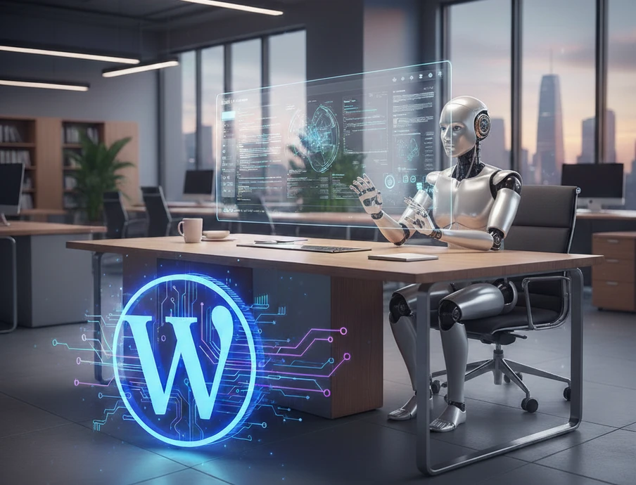 Ein Roboter sitzt an einem Schreibtisch mit holografischem Display; vorne leuchtet ein blaues W-Logo mit Schaltkreisen.