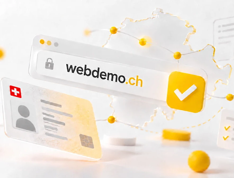 Browserfenster mit der Aufschrift webdemo.ch und gelbem Haken; daneben Karten mit Profilbildern, gelbe Kreise und Linien.