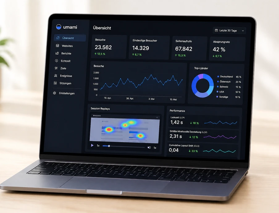 Laptop auf Holztisch, geöffnet, Bildschirm zeigt ein dunkles Dashboard mit Diagrammen, Grafiken und Zahlen.