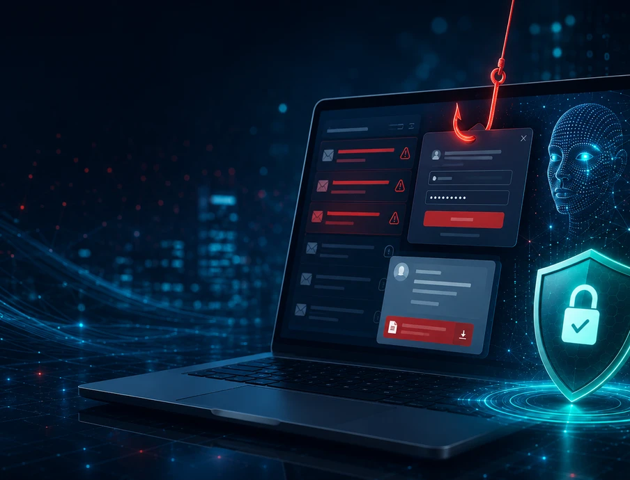 Laptop mit sicherheitsbezogenen Display-Fenstern in Rot/Grau; blau leuchtendes Schild-Symbol mit Haken; digitale Netzlinien.