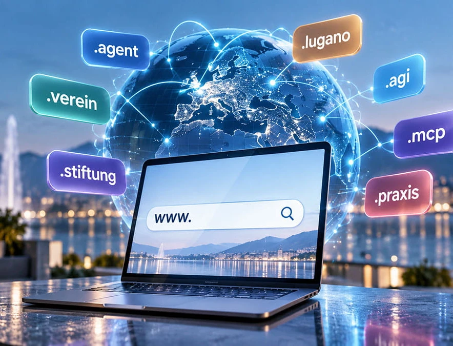Laptop auf gläsernem Tisch am Wasser; Globus mit Netzlinien, bunte Tags wie .agent, .lugano, .stiftung.