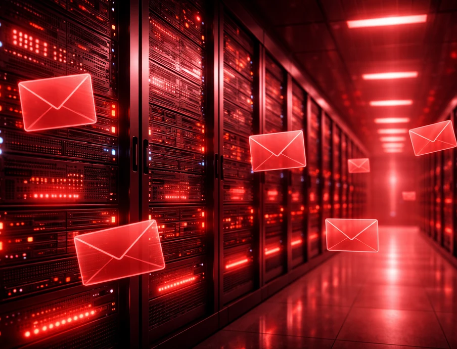 Serverraum mit Serverracks in Reihen und roten LEDs; schwebende rote Briefumschläge.