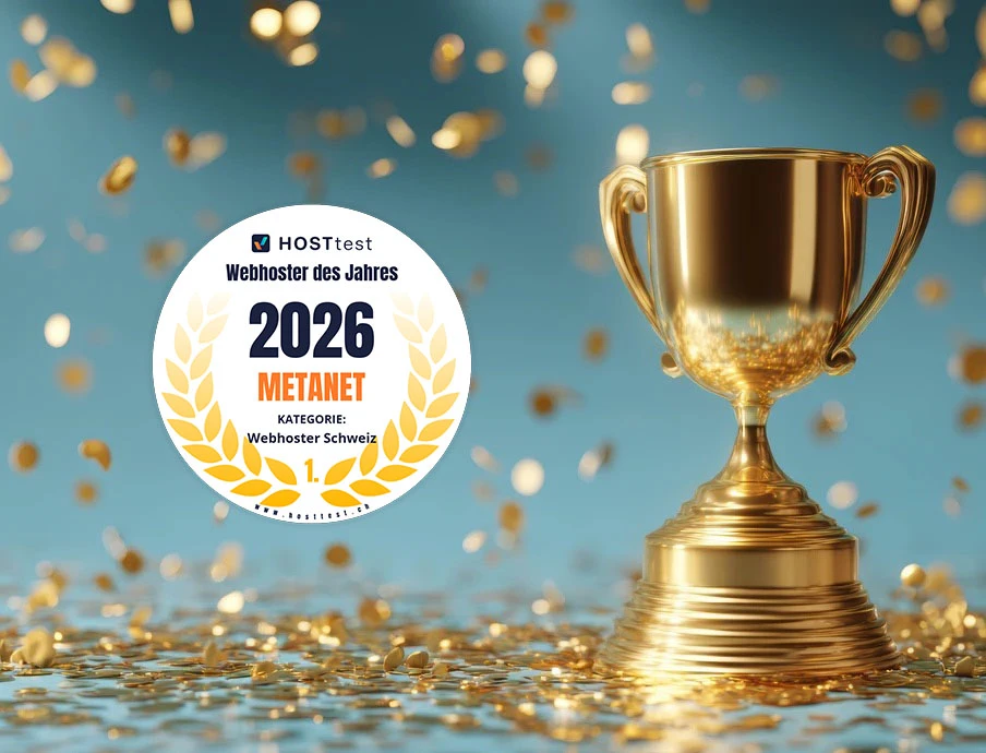 Goldener Pokal rechts, Konfetti im Hintergrund; linker runder Aufkleber mit '2026 METANET' und Lorbeerkranz.