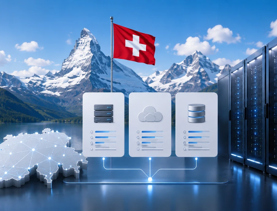 Schweizer Flagge über drei Server-Icons, vernetzte Datenserver; rechts Serverracks, Berglandschaft mit See und Wolken.