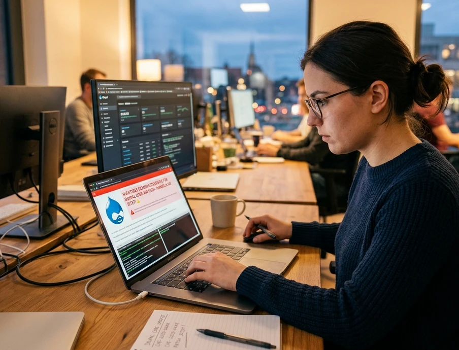 Eine Frau sitzt an einem Laptop an einem Büro-Schreibtisch; im Hintergrund weitere Monitore, Kaffeetasse und Notizen.