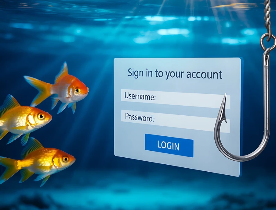 Unterwasser-Szene: drei goldene Fische schwimmen neben einem Login-Formular mit Username, Password und LOGIN; Angelhaken.