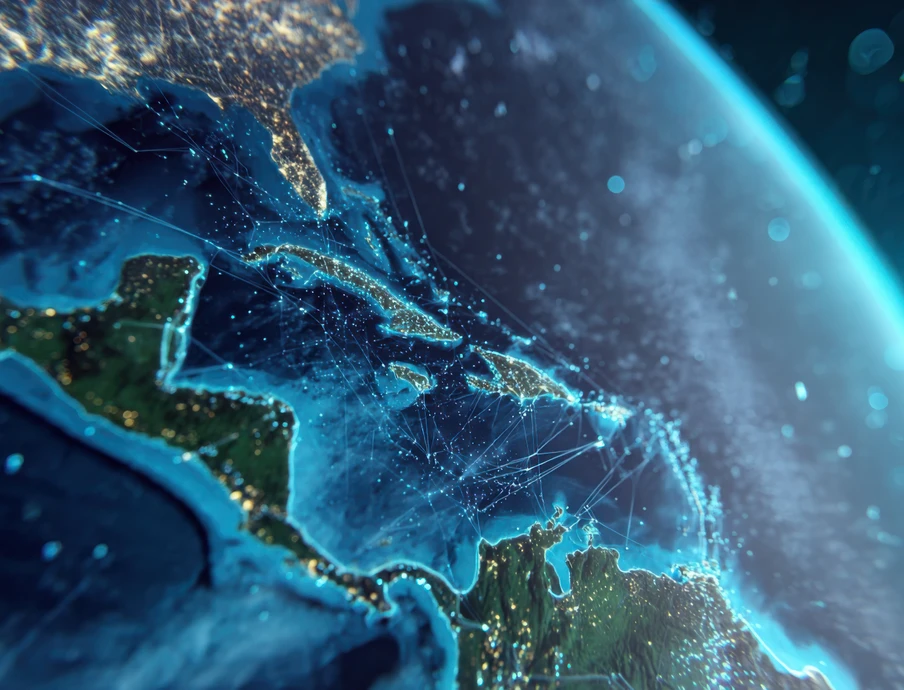 Ansicht der Erde aus dem Weltraum: blauer Ozean, sichtbare Küstenlinien, netzartige Lichter über dem Wasser.