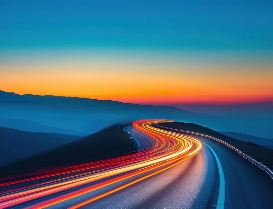 Kurvige Straße mit roten und weißen Lichtspuren, Bergkamm im Vordergrund, Himmel von Blau zu Orange.