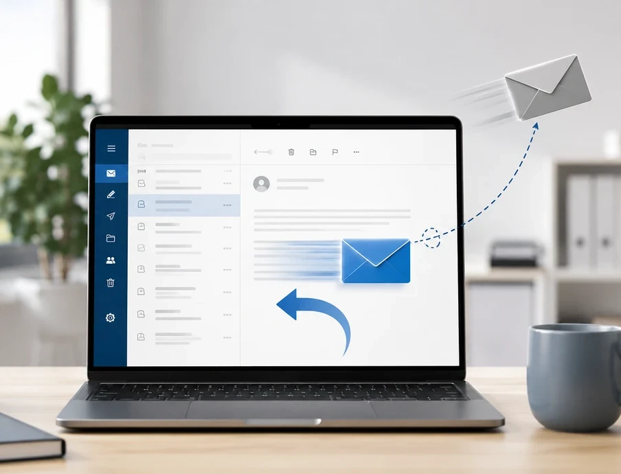 Offener Laptop auf Schreibtisch; E-Mail-Anwendung sichtbar, blauer Umschlag auf dem Bildschirm, schwebender Umschlag rechts.
