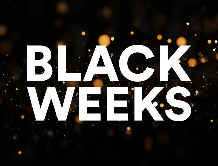 Großer weißer Text BLACK WEEKS auf schwarzem Hintergrund mit orangefarbenen Lichtpunkten.