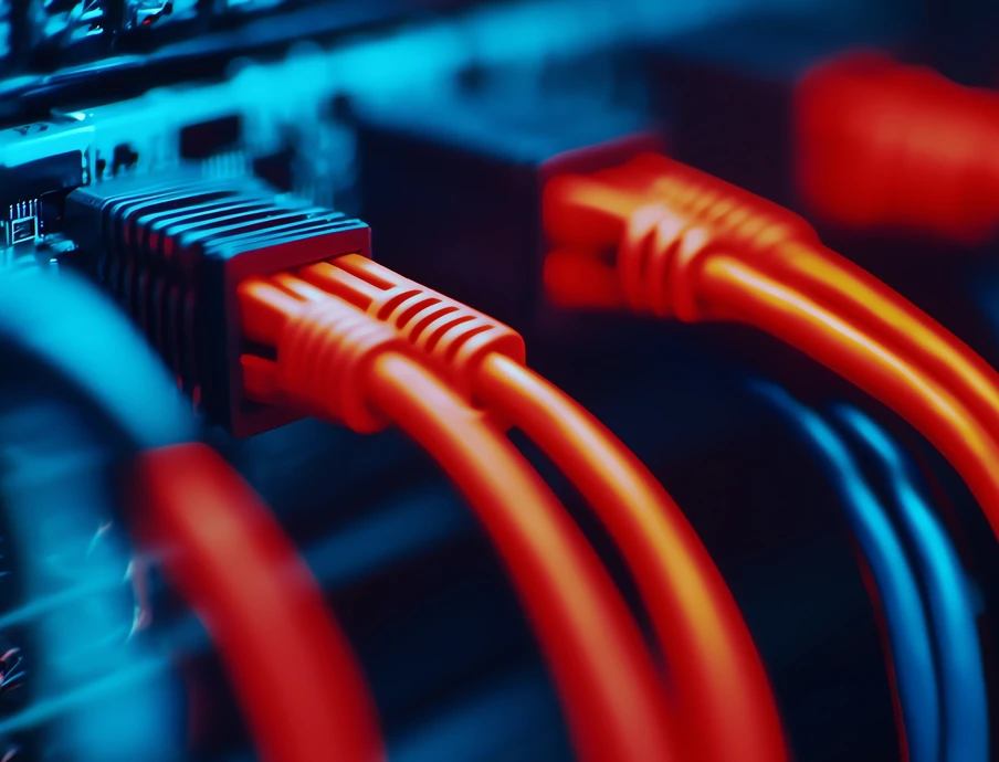 Nahaufnahme von orangefarbenen und blauen Ethernet-Kabeln, die in einen Netzwerkswitch gesteckt sind.