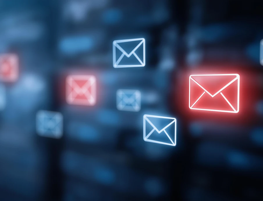 Mehrere leuchtende Briefumschläge in Blau und Rot vor unscharfem dunklem Hintergrund.