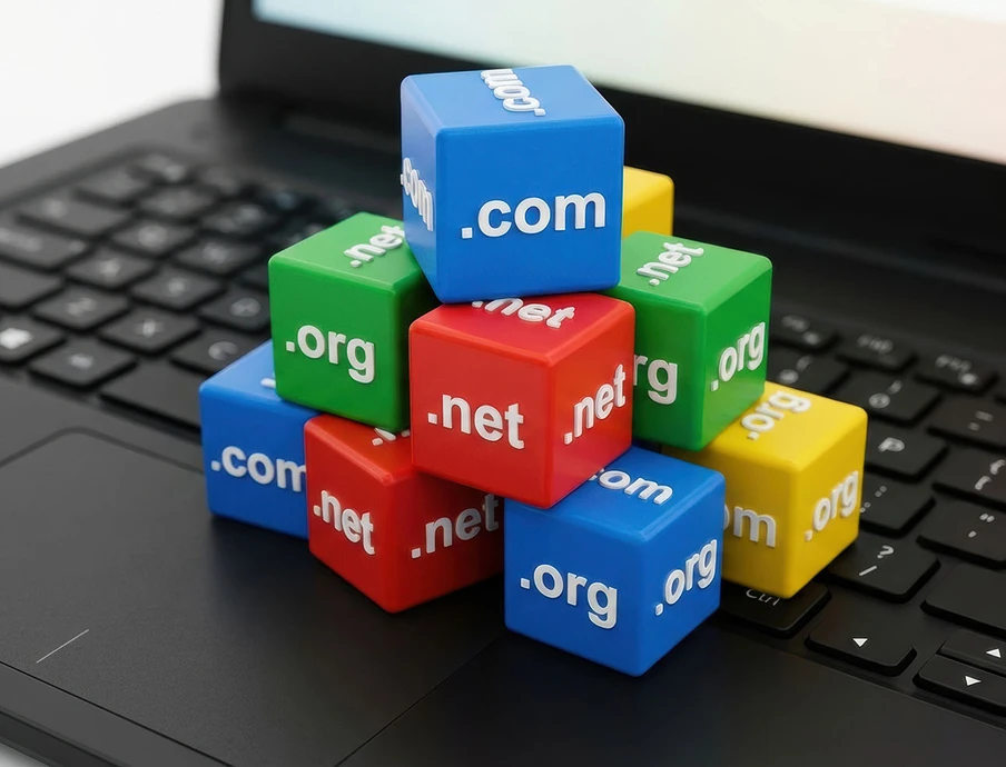 Mehrfarbige Würfel mit Domain-Endungen (.com, .net, .org) stapeln sich auf einer Laptop-Tastatur.