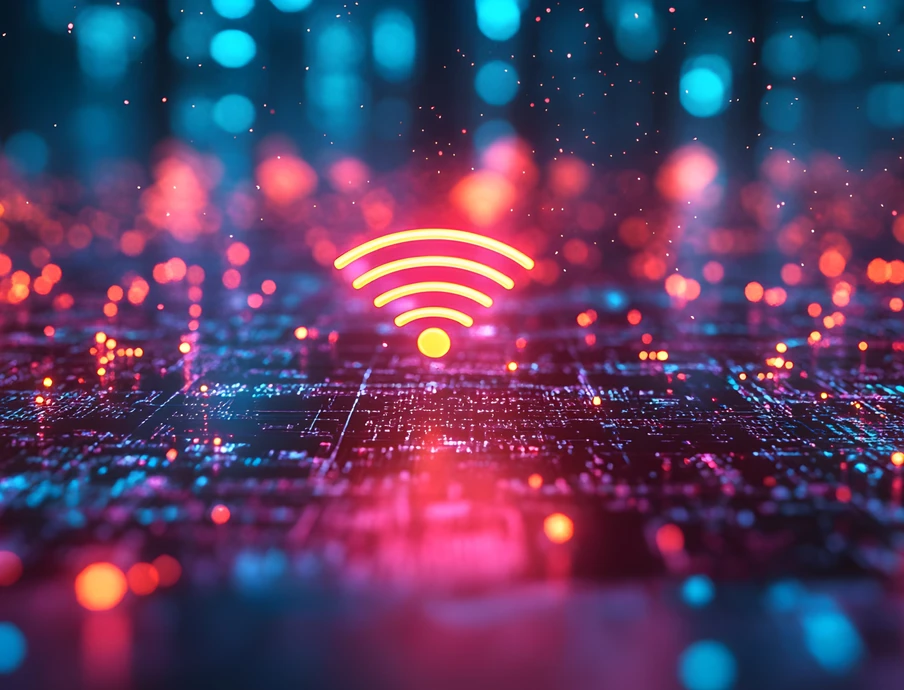 Futuristische digitale Szene mit leuchtenden blauen und pinken Punkten über einem Gitternetz; mittig ein oranges WLAN-Symbol.