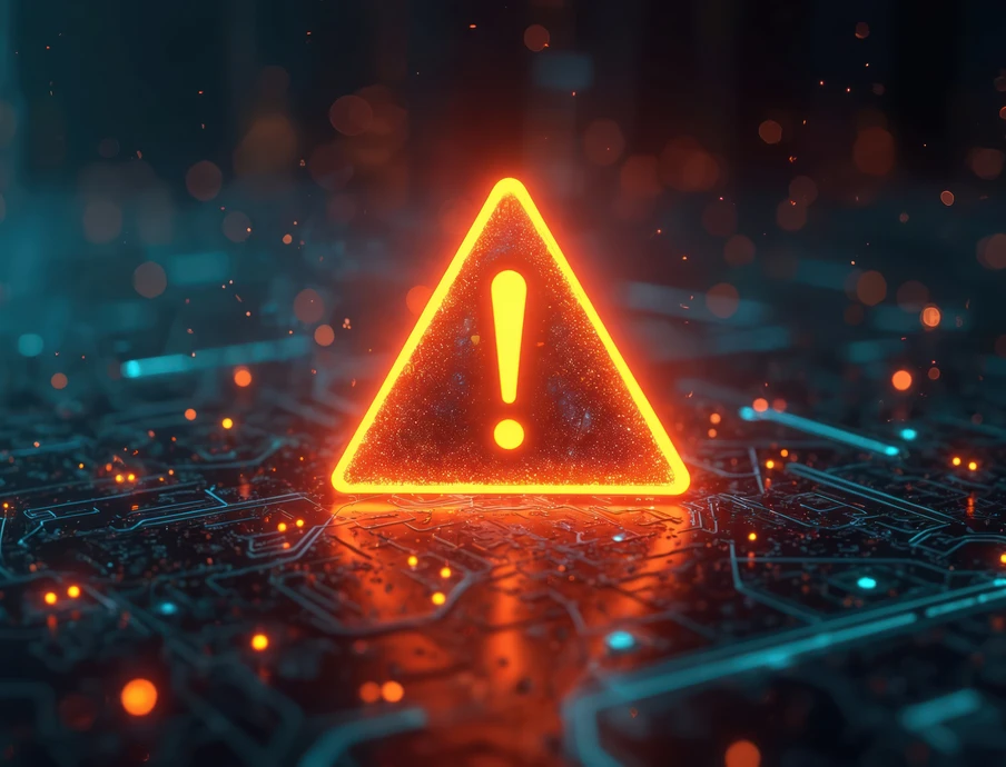 Orangenes Warndreieck mit Ausrufezeichen vor einem blau-orangenen Schaltkreis-Hintergrund.