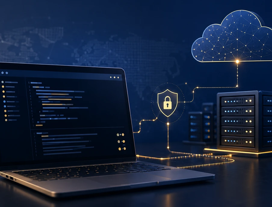 Laptop mit Code auf dem Bildschirm, daneben Serverrack, Cloud-Symbol und leuchtende Verbindungen in blau.
