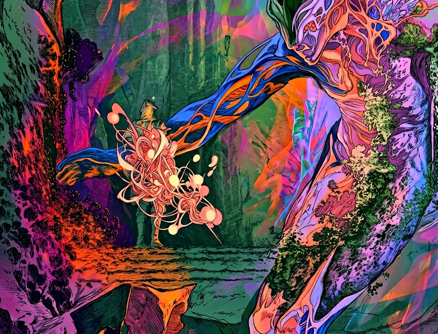 Abstrakte, farbenfrohe Digitalkunst: Mehrfarbige Figur erstreckt sich durch eine bunte Landschaft mit Felsen und Pflanzen.