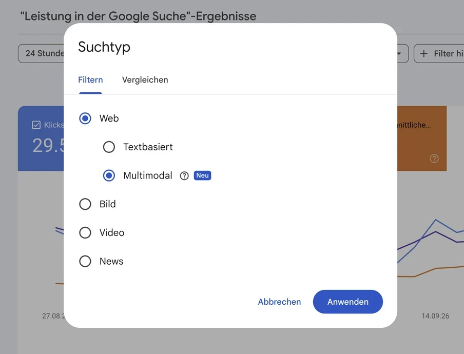 Pop-up mit Titel Suchtyp: Optionen Web, Multimodal (Neu), Bild, Video, News; Buttons Abbrechen und Anwenden.